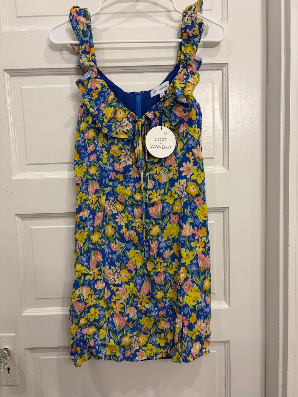 Lost + Wander Blue Floral Ruffle-Strap Dress